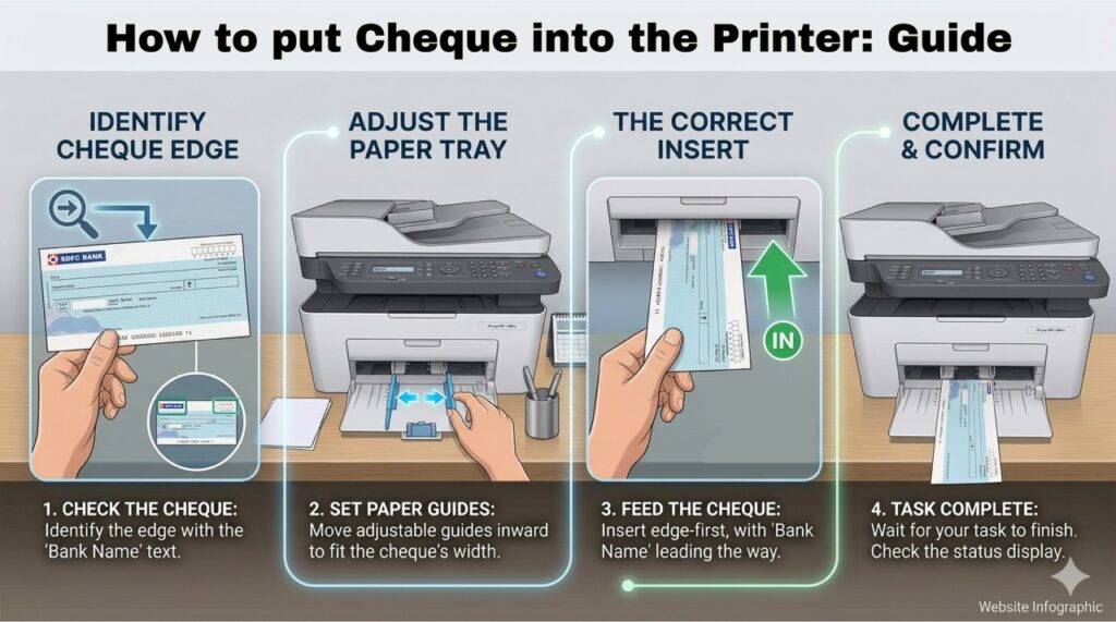 How to put cheque into printer, check print info