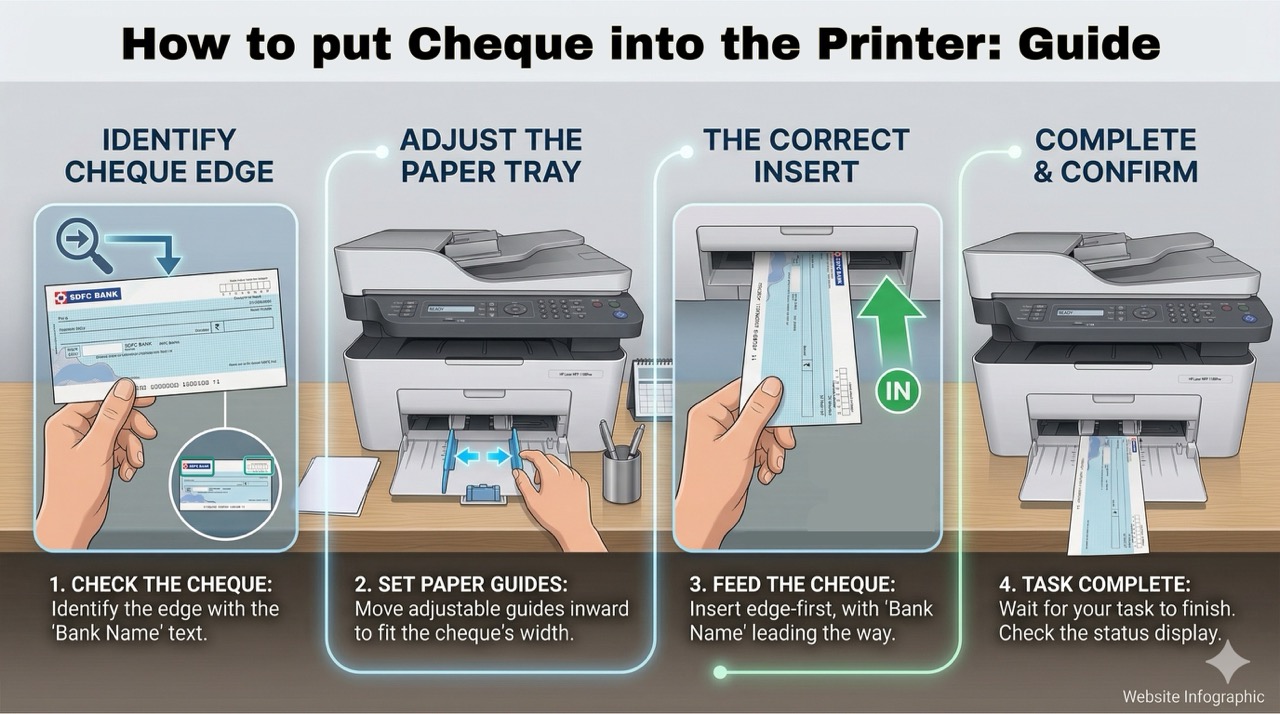 How to put a cheque into the printer — 4 step visual guide showing cheque edge identification, paper guide adjustment, correct insert direction and task completion