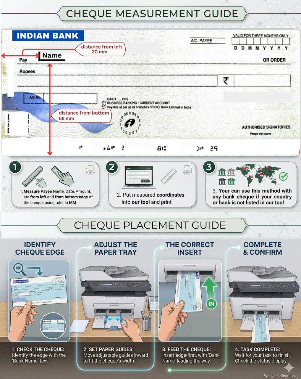 Indian cheque measurement guide — shows how to measure distance from left and bottom in mm