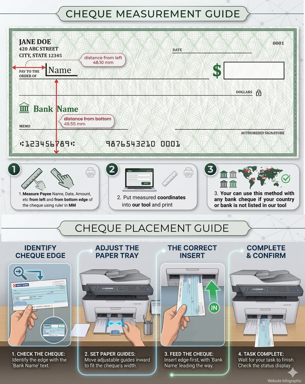 US and UK cheque measurement guide — shows how to measure distance from left and bottom in mm
