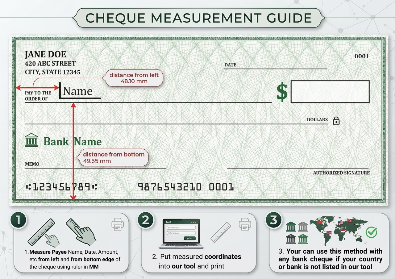 US and UK cheque measurement guide — shows how to measure distance from left and bottom in mm